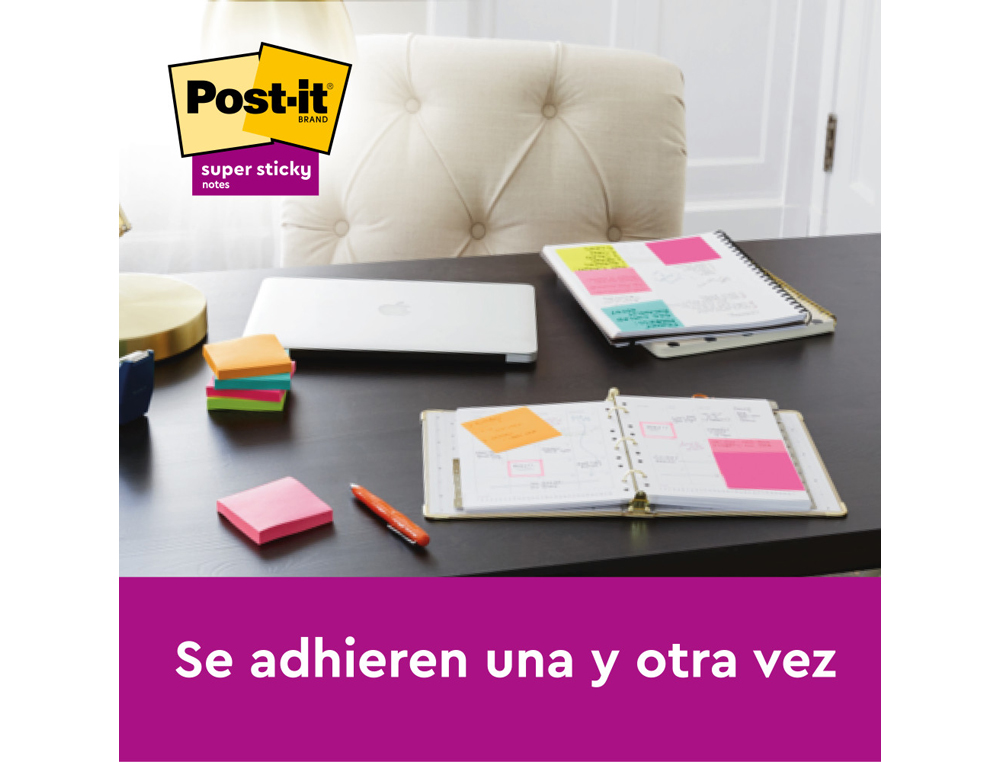 BLOC DE NOTAS ADHESIVAS QUITA Y PON POST IT SUPER STICKY CARNIVAL 100% PEFC 76X127 MM PACK DE 6 BLOCS COLORES
