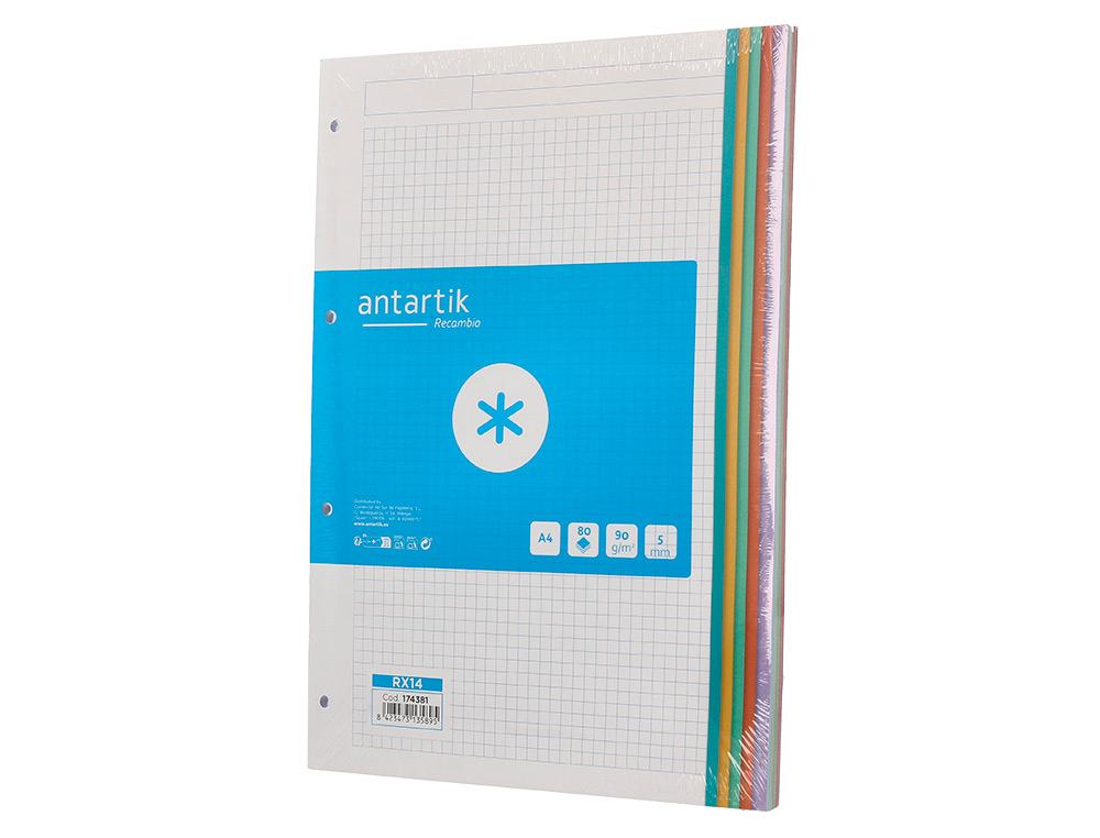 RECAMBIO ANTARTIK A4 80 HOJAS 90GR CUADRO 5 MM 4 TALADROS BANDAS DE 5 COLORES PASTELES