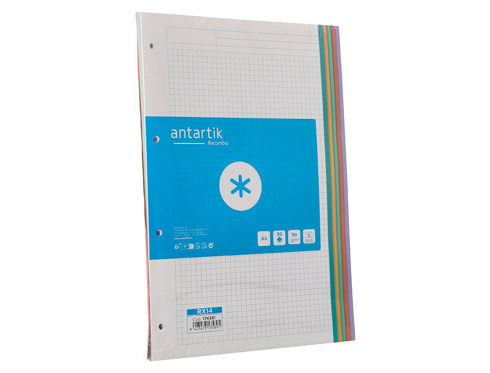 RECAMBIO ANTARTIK A4 80 HOJAS 90GR CUADRO 5 MM 4 TALADROS BANDAS DE 5 COLORES PASTELES