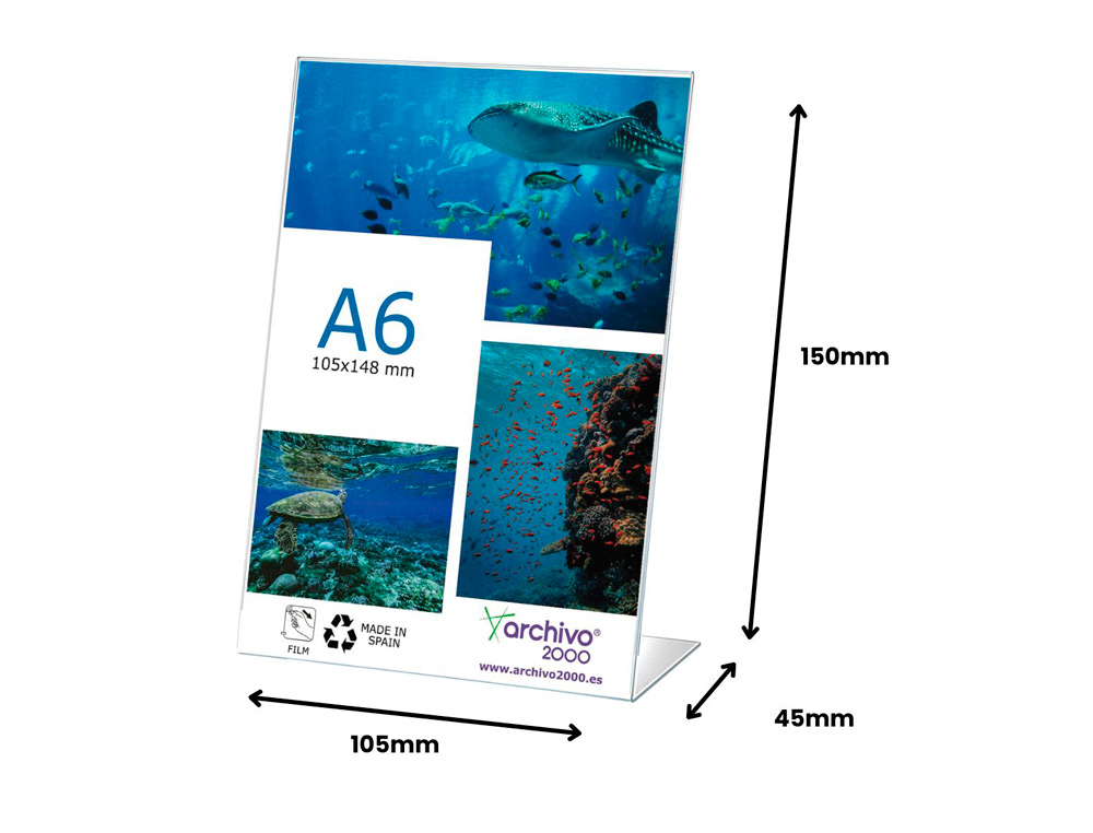 EXPOSITOR SOBREMESA ARCHIVO 2000 PETG FLEXIBLE EN FORMA DE L DIN A6 VERTICAL 45X105X150 MM