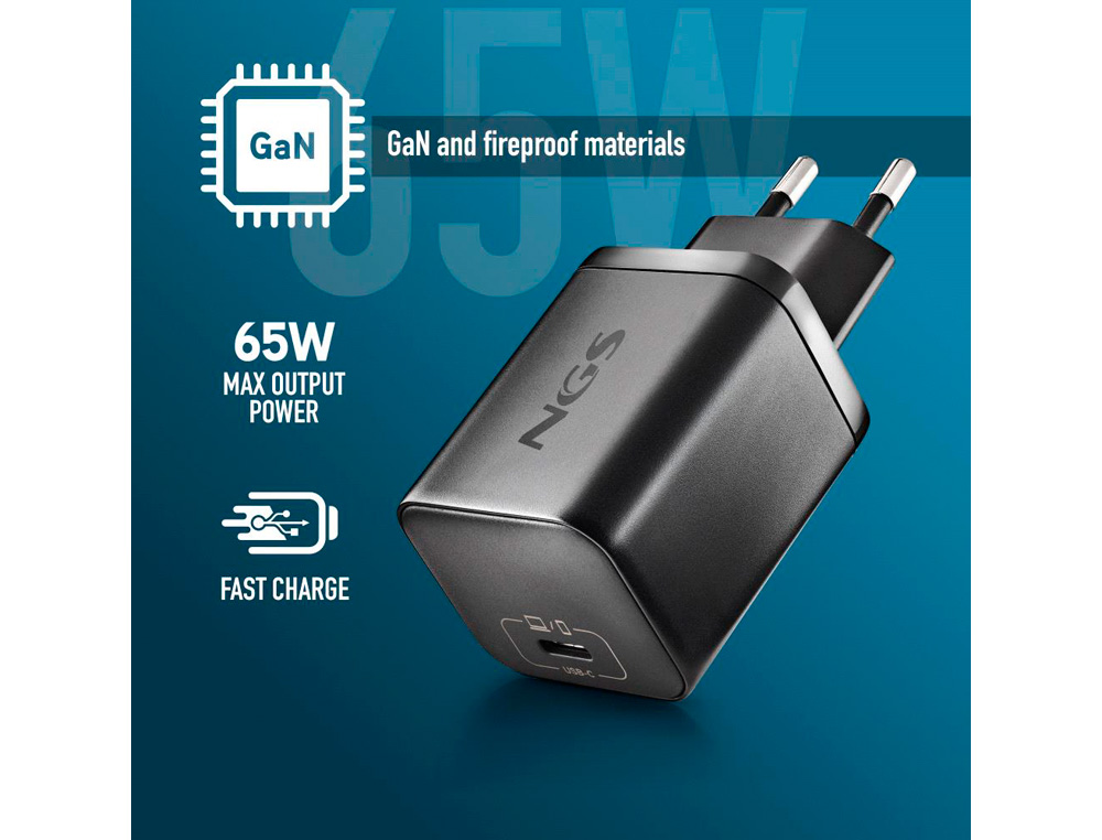 CARGADOR NGS DE PARED GAN ULTRARAPIDO PARA PORTATIL DE 65W CON SALIDA TIPO USB-C Y CABLE USB-C A USB-C LONGITUD