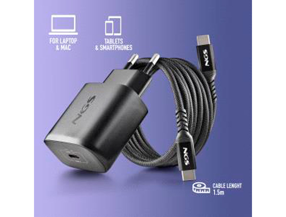 CARGADOR NGS DE PARED GAN ULTRARAPIDO PARA PORTATIL DE 65W CON SALIDA TIPO USB-C Y CABLE USB-C A USB-C LONGITUD