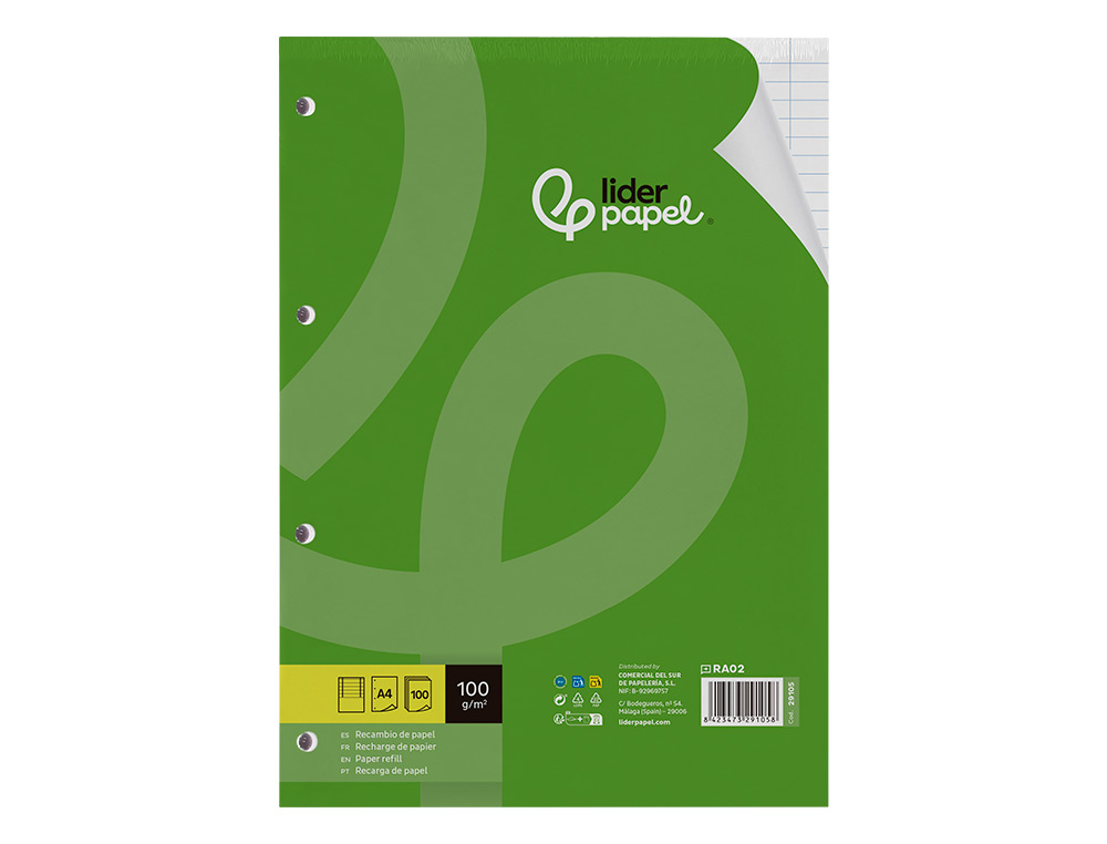RECAMBIO LIDERPAPEL A4 100 HOJAS 100G/M2 HORIZONTAL CON DOBLE MARGEN 4 TALADROS