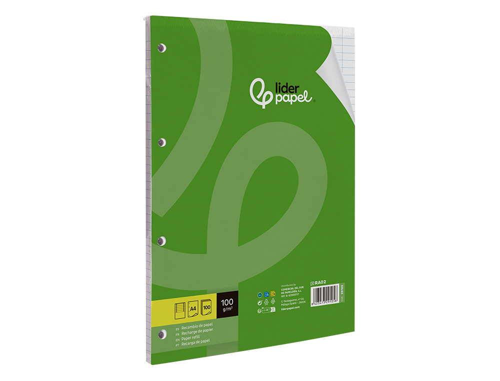 RECAMBIO LIDERPAPEL A4 100 HOJAS 100G/M2 HORIZONTAL CON DOBLE MARGEN 4 TALADROS