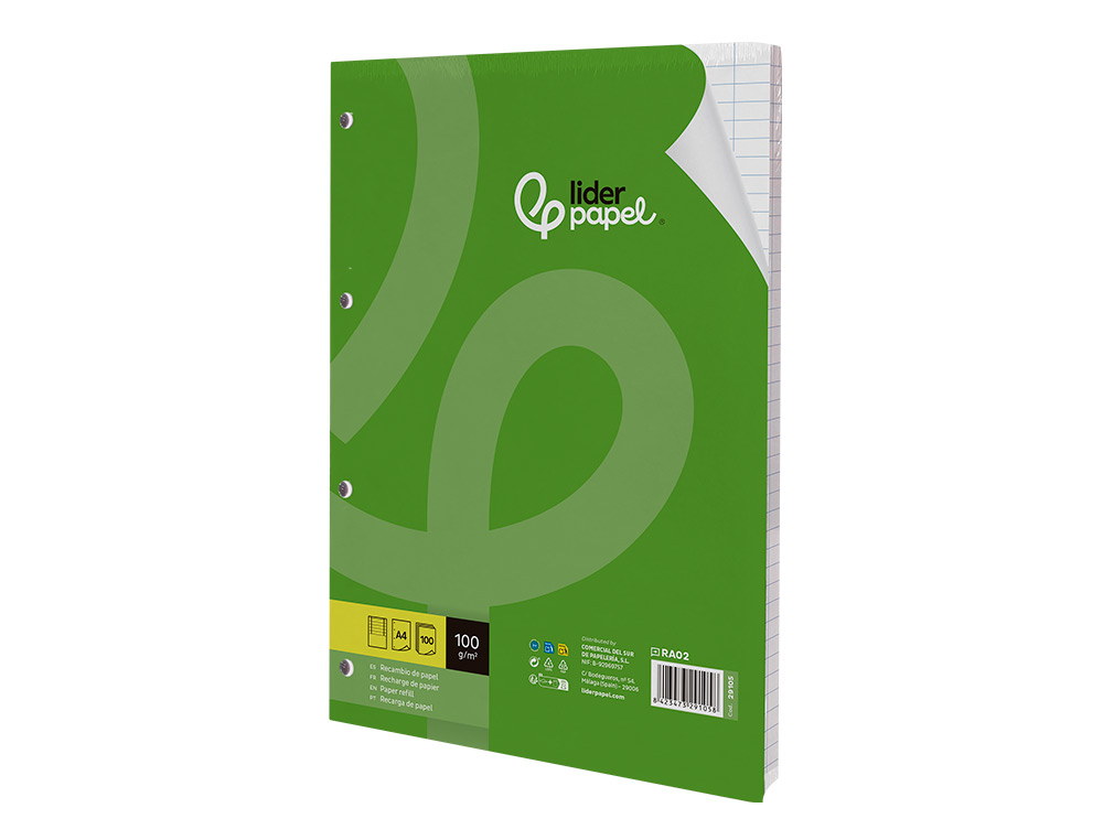 RECAMBIO LIDERPAPEL A4 100 HOJAS 100G/M2 HORIZONTAL CON DOBLE MARGEN 4 TALADROS