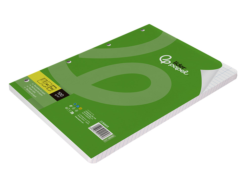RECAMBIO LIDERPAPEL A4 100 HOJAS 100G/M2 HORIZONTAL CON DOBLE MARGEN 4 TALADROS