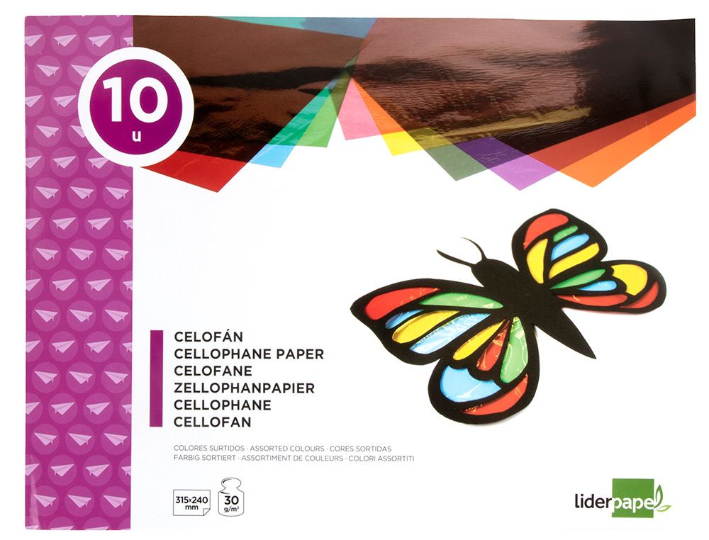 BLOC TRABAJOS MANUALES LIDERPAPEL CELOFAN 240X315MM 10 HOJAS COLORES SURTIDOS