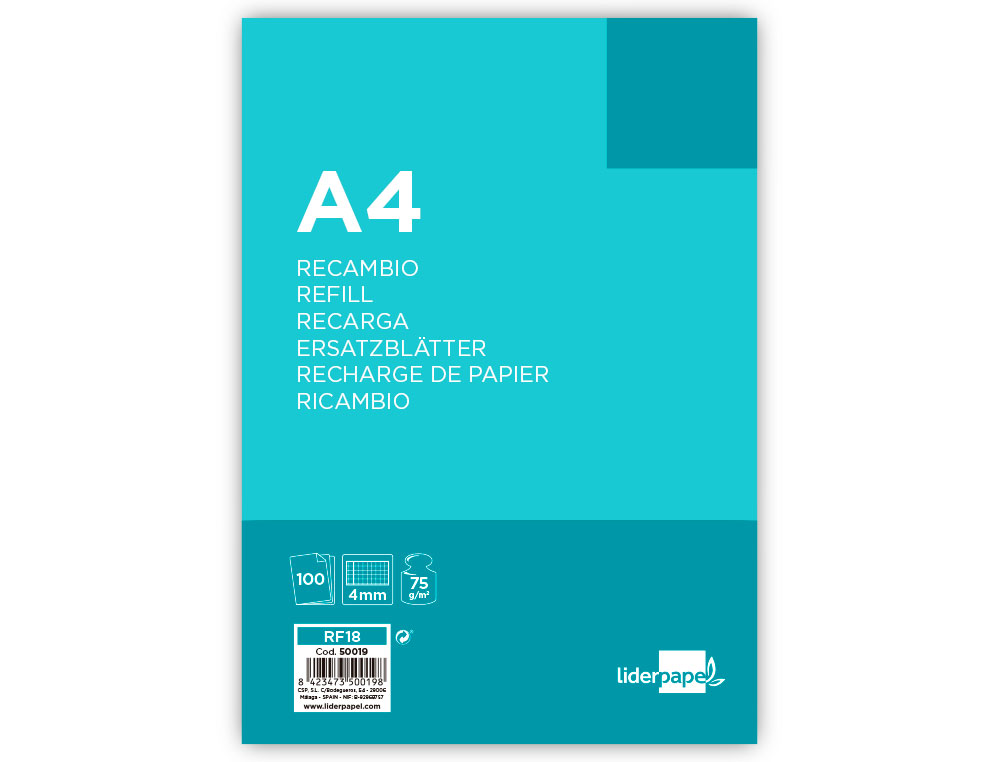 RECAMBIO LIDERPAPEL A4 100 HOJAS 75GR CUADRO 4MM CON MARGEN 4 TALADROS