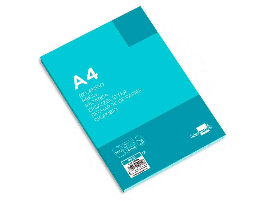 RECAMBIO LIDERPAPEL A4 100 HOJAS 75GR CUADRO 4MM CON MARGEN 4 TALADROS
