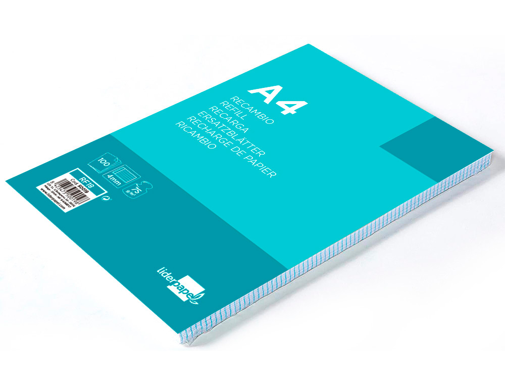 RECAMBIO LIDERPAPEL A4 100 HOJAS 75GR CUADRO 4MM CON MARGEN 4 TALADROS