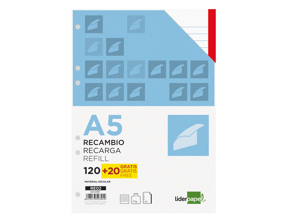RECAMBIO LIDERPAPEL A5 120 HOJAS 80GR HORIZONTAL SIN MA RGEN 6 TALADROS BANDAS DE 5 COLORES