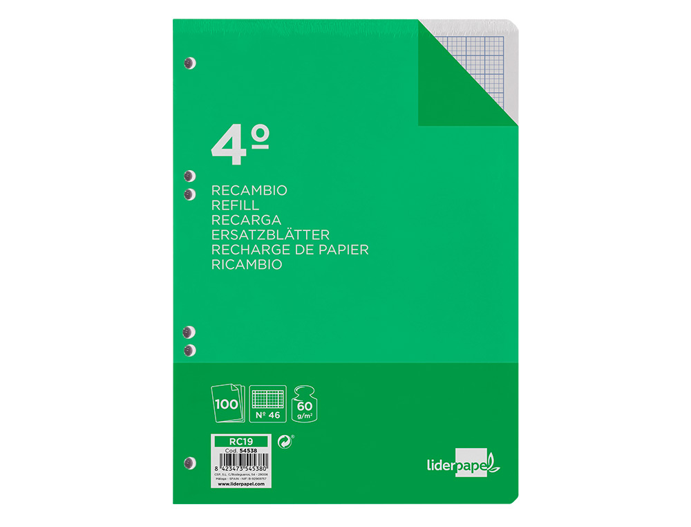 RECAMBIO LIDERPAPEL CUARTO 100 HOJAS 60G/M2 RAYADO Nº 46 6 TALADROS