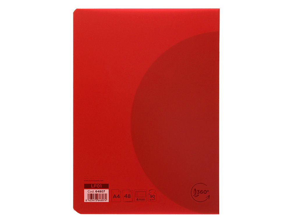 LIBRETA LIDERPAPEL 360 TAPA DE PLASTICO A4 48 HOJAS 90G/M2 CUADRO 4MM CON MARGEN COLORES SURTIDOS