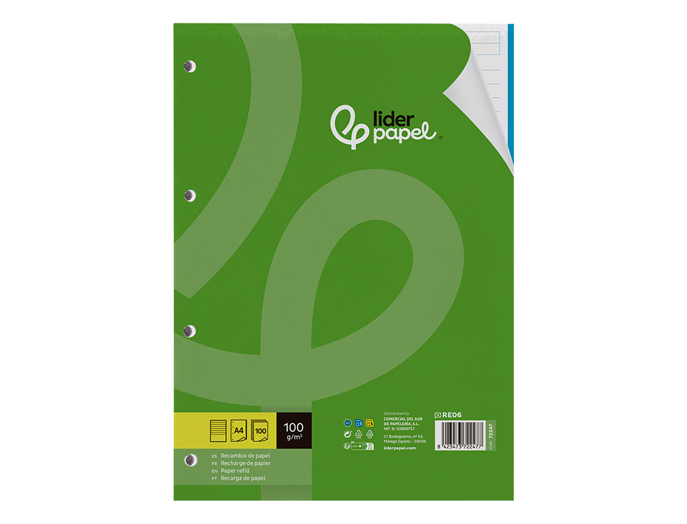 RECAMBIO LIDERPAPEL A4 100 HOJAS 100 G/M2 RAYADO HORIZONTAL 4 TALADROS BANDAS DE 5 COLORES
