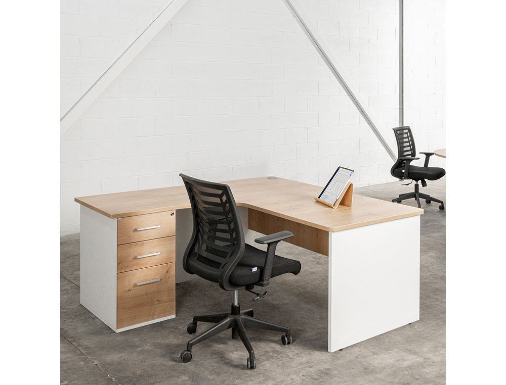 MESA ROCADA SERIE WORK 160X110X76 CM IZQUIERDA ACABADO AN04 GRIS/BLANCO