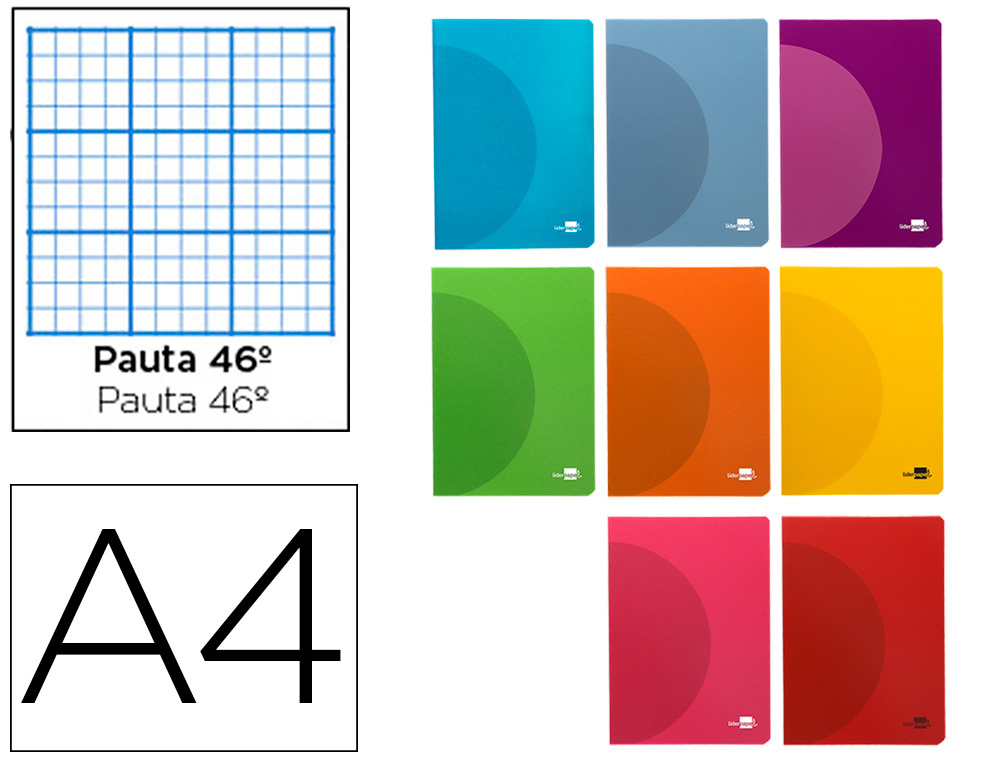 LIBRETA LIDERPAPEL 360 TAPA DE PLASTICO A4 48 HOJAS 90G/M2 RAYADO N 46 COLORES SURTIDOS