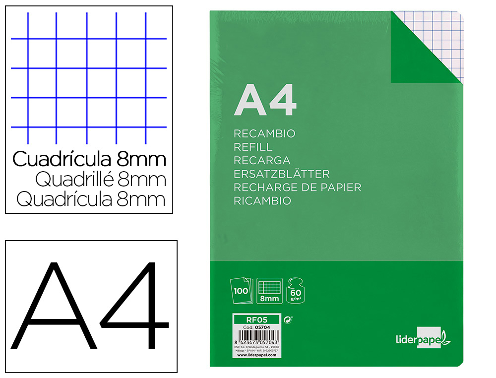 RECAMBIO LIDERPAPEL FOLIO 100 H 4TF-08 CUADRO 8 MM 4 TALADROS CON MARGEN