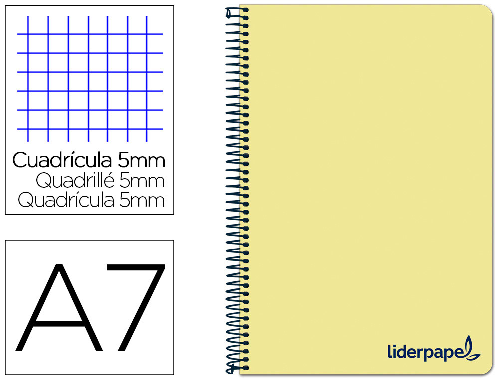 CUADERNO ESPIRAL LIDERPAPEL A7 MICRO WONDER TAPA PLASTICO 100H 90 GR CUADRO 5MM 4 BANDAS COLOR AMARILLO