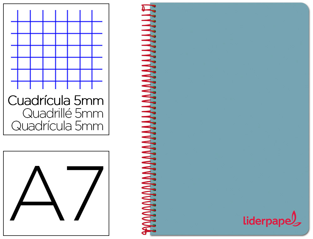 CUADERNO ESPIRAL LIDERPAPEL A7 MICRO WONDER TAPA PLASTICO 100H 90 GR CUADRO 5MM 4 BANDAS COLOR CELESTE
