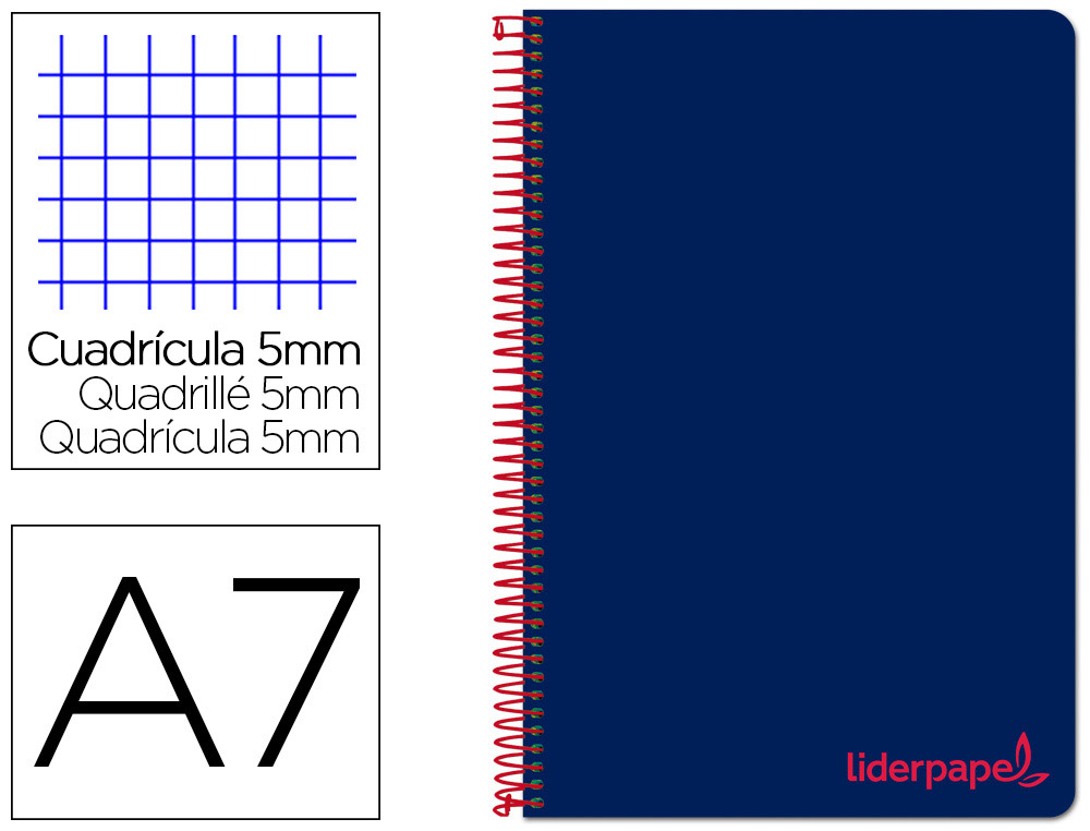 CUADERNO ESPIRAL LIDERPAPEL A7 MICRO WONDER TAPA PLASTICO 100H 90 GR CUADRO 5MM 4 BANDAS COLOR AZUL MARINO