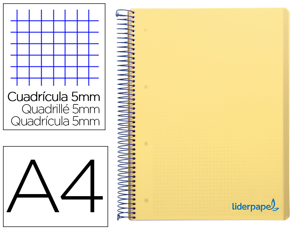 CUADERNO ESPIRAL LIDERPAPEL A4 MICRO WONDER TAPA PLASTICO 120H 90 GR CUADRO 5 MM 5 BANDA4 TALADROS COLOR AMARILLO