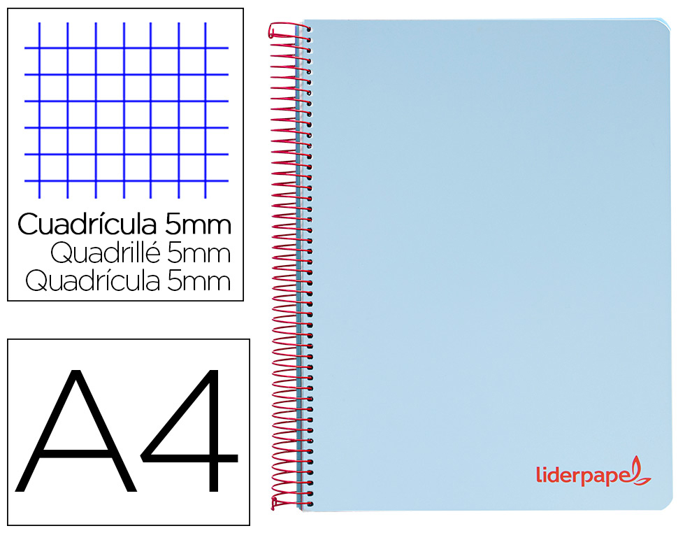 CUADERNO ESPIRAL LIDERPAPEL A4 MICRO WONDER TAPA PLASTICO 120H 90 GR CUADRO 5 MM 5 BANDA4 TALADROS COLOR CELESTE
