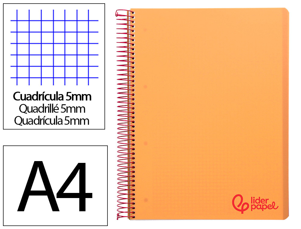 CUADERNO ESPIRAL LIDERPAPEL A4 MICRO WONDER TAPA PLASTICO 120H 90 GR CUADRO 5 MM 5 BANDA4 TALADROS COLOR NARANJA