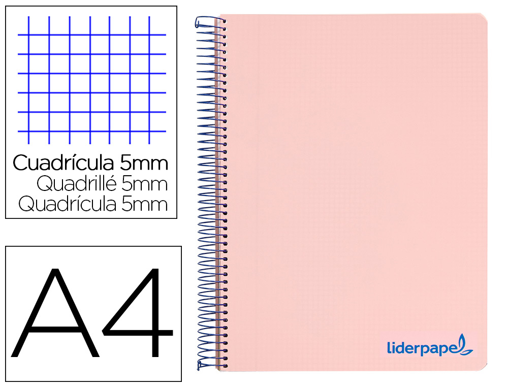 CUADERNO ESPIRAL LIDERPAPEL A4 MICRO WONDER TAPA PLASTICO 120H 90 GR CUADRO 5 MM 5 BANDAS 4 TALADROS COLOR ROSA