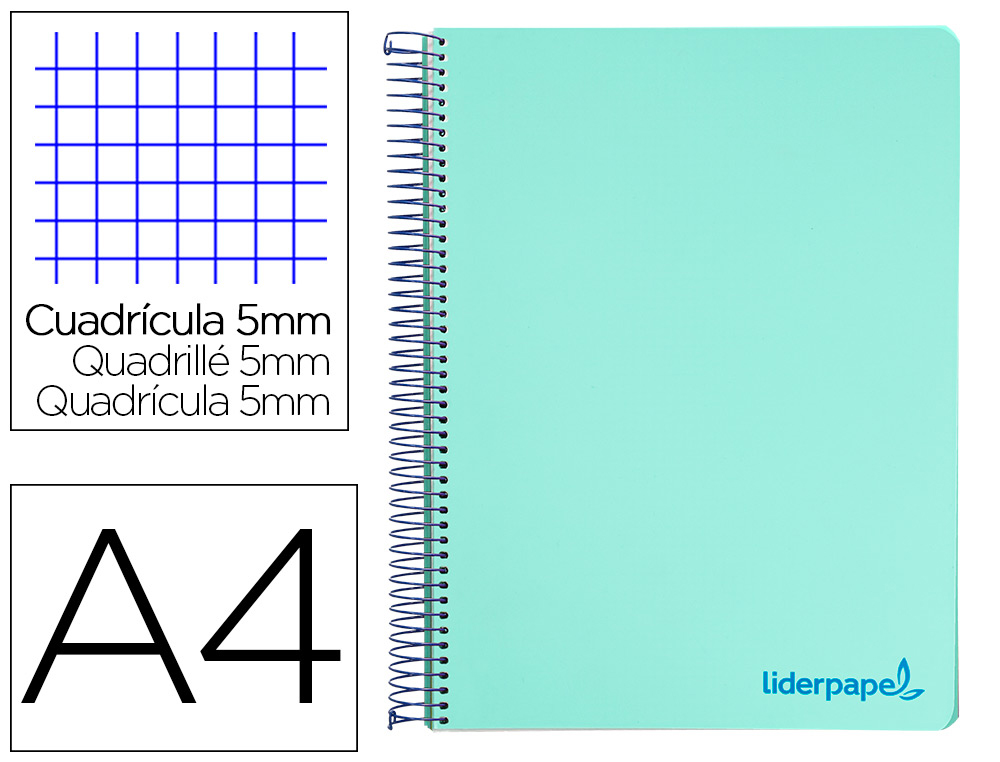 CUADERNO ESPIRAL LIDERPAPEL A4 MICRO WONDER TAPA PLASTICO 120H 90 GR CUADRO 5 MM 5 BANDAS 4 TALADROS COLOR VERDE