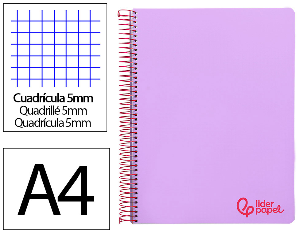 CUADERNO ESPIRAL LIDERPAPEL A4 MICRO WONDER TAPA PLASTICO 120H 90 GR CUADRO 5 MM 5 BANDA4 TALADROS COLOR LILA
