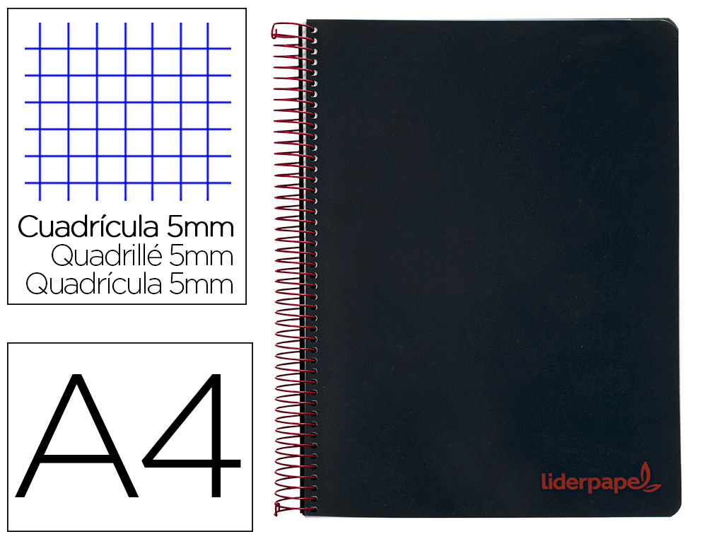 CUADERNO ESPIRAL LIDERPAPEL A4 MICRO WONDER TAPA PLASTICO 120H 90 GR CUADRO 5 MM 5 BANDAS 4 TALADROS COLOR NEGRO