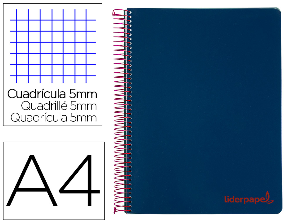 CUADERNO ESPIRAL LIDERPAPEL A4 MICRO WONDER TAPA PLASTICO 120H 90 GR CUADRO 5 MM 5 BANDA4 TALADROS COLOR AZUL MARINO