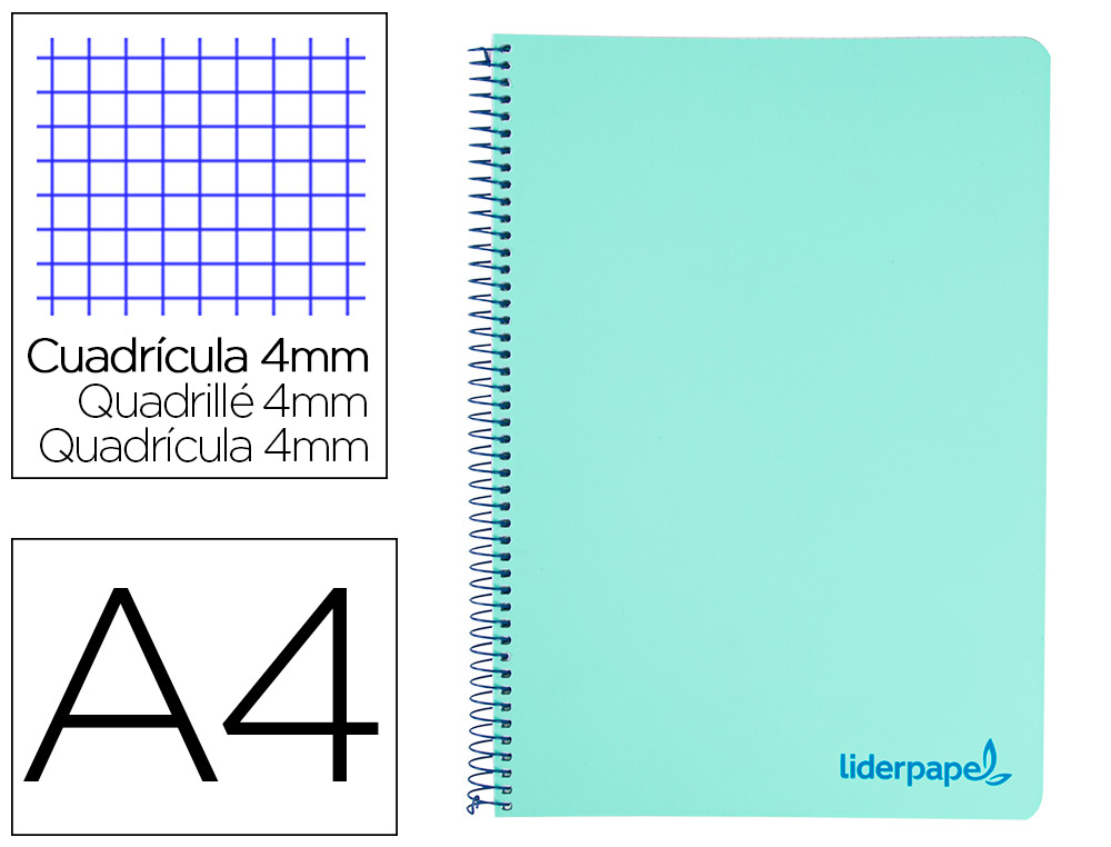 CUADERNO ESPIRAL LIDERPAPEL A4 WONDER TAPA PLASTICO 80H 90GR CUADRO 4MM CON MARGEN COLOR VERDE