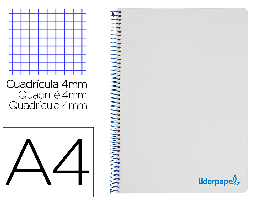 CUADERNO ESPIRAL LIDERPAPEL A4 WONDER TAPA PLASTICO 80H 90GR CUADRO 4MM CON MARGEN COLOR GRIS