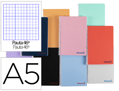 CUADERNO ESPIRAL LIDERPAPEL A5 WONDER TAPA PLASTICO 80H 90G RAYADO N.46 COLORES SURTIDOS