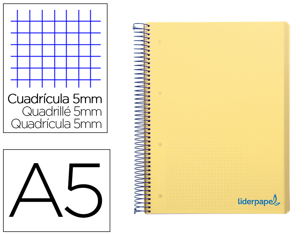 CUADERNO ESPIRAL LIDERPAPEL A5 MICRO WONDER TAPA PLASTICO 120H 90G CUADRO 5MM 5 BANDAS 6 TALADROS COLOR AMARILLO