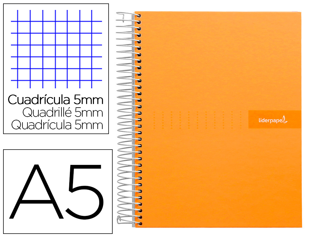 CUADERNO ESPIRAL LIDERPAPEL A5 MICRO CRAFTY TAPA FORRADA 120H 90 GR CUADRO 5MM 5 BANDAS6 TALADROS COLOR NARANJA