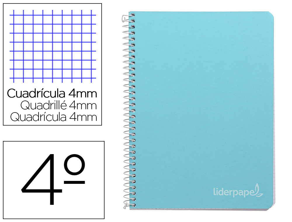 CUADERNO ESPIRAL LIDERPAPEL CUARTO WITTY TAPA DURA 80H 75GR CUADRO 4MM CON MARGEN COLOR CELESTE
