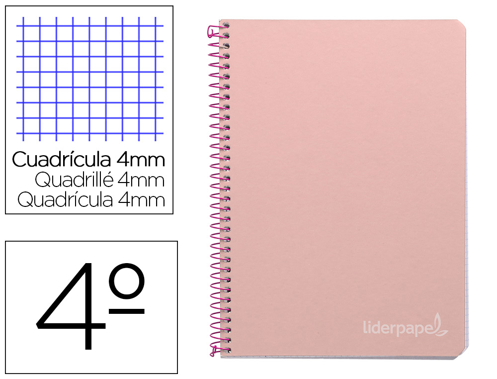 CUADERNO ESPIRAL LIDERPAPEL CUARTO WITTY TAPA DURA 80H 75GR CUADRO 4MM CON MARGEN COLOR ROSA