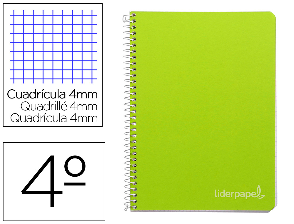 CUADERNO ESPIRAL LIDERPAPEL CUARTO WITTY TAPA DURA 80H 75GR CUADRO 4MM CON MARGEN COLOR VERDE