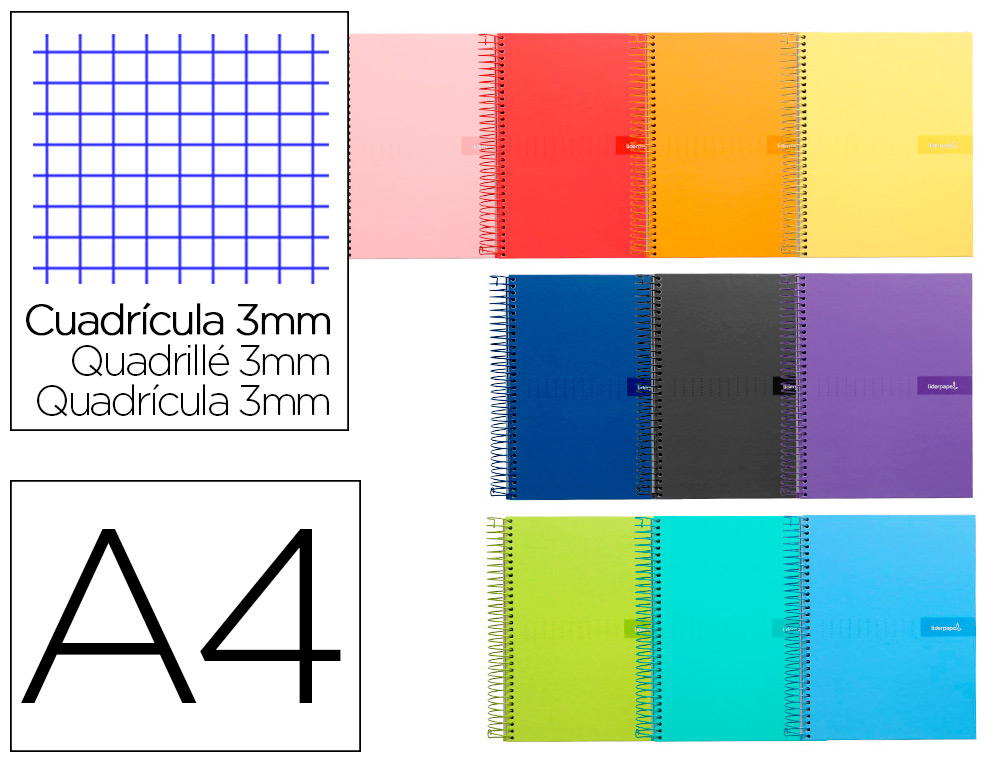 CUADERNO ESPIRAL LIDERPAPEL A4 CRAFTY TAPA FORRADA 80H 90 GR CUADRO 3 MM CON MARGEN COLORES SURTIDOS