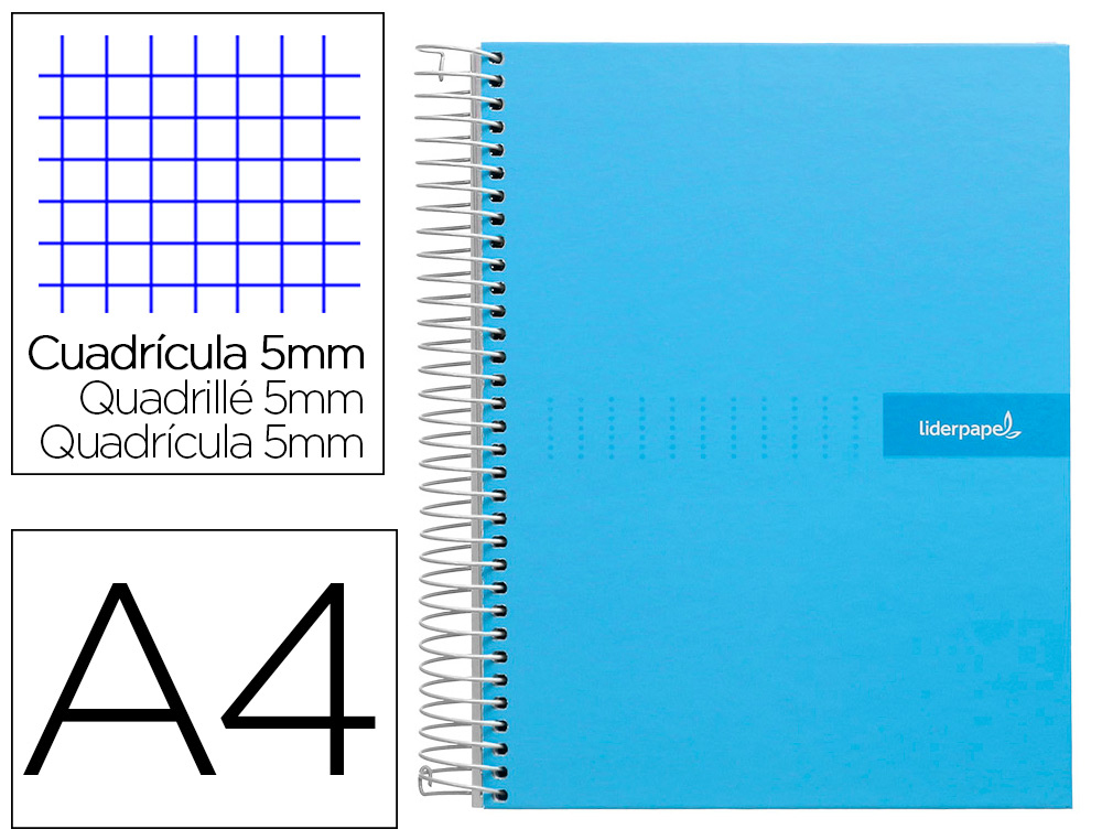 CUADERNO ESPIRAL LIDERPAPEL A4 MICRO CRAFTY TAPA FORRADA 120H 90 GR CUADRO 5 MM 5 BANDAS 4 COLORES CELESTE