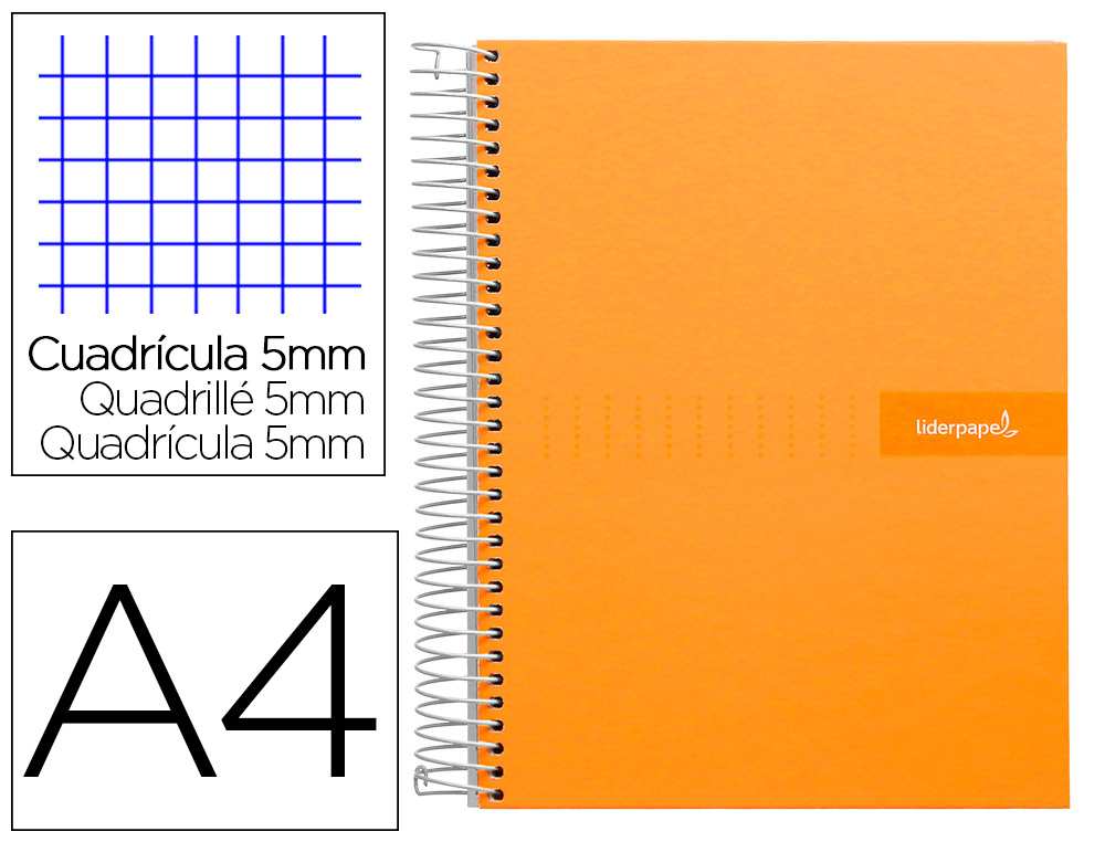 CUADERNO ESPIRAL LIDERPAPEL A4 MICRO CRAFTY TAPA FORRADA 120H 90 GR CUADRO 5 MM 5 BANDAS 4 COLORES COLOR NARANJA