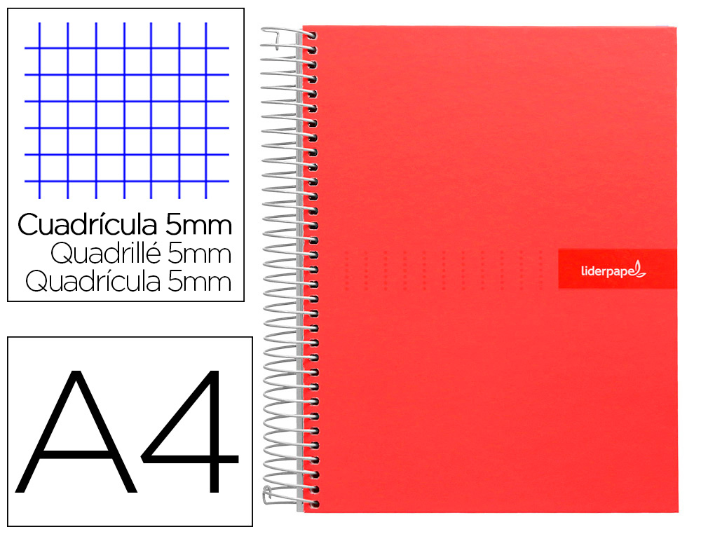CUADERNO ESPIRAL LIDERPAPEL A4 MICRO CRAFTY TAPA FORRADA 120H 90 GR CUADRO 5 MM 5 BANDAS 4 COLORES COLOR ROJO