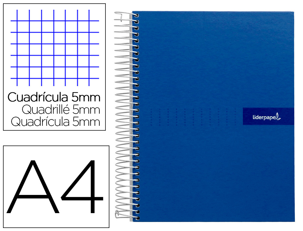 CUADERNO ESPIRAL LIDERPAPEL A4 MICRO CRAFTY TAPA FORRADA 120H 90 GR CUADRO 5 MM 5 BANDAS 4 COLORES COLOR AZUL