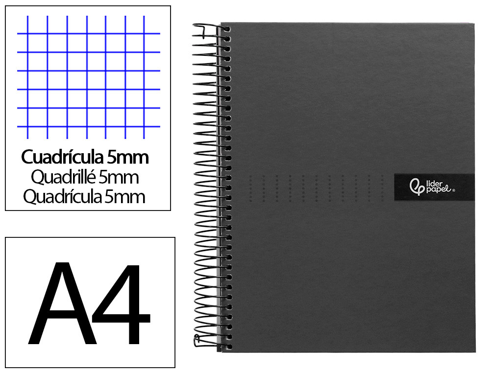 CUADERNO ESPIRAL LIDERPAPEL A4 MICRO CRAFTY TAPA FORRADA 120H 90 GR CUADRO 5 MM 5 BANDAS 4 COLORES COLOR NEGRO