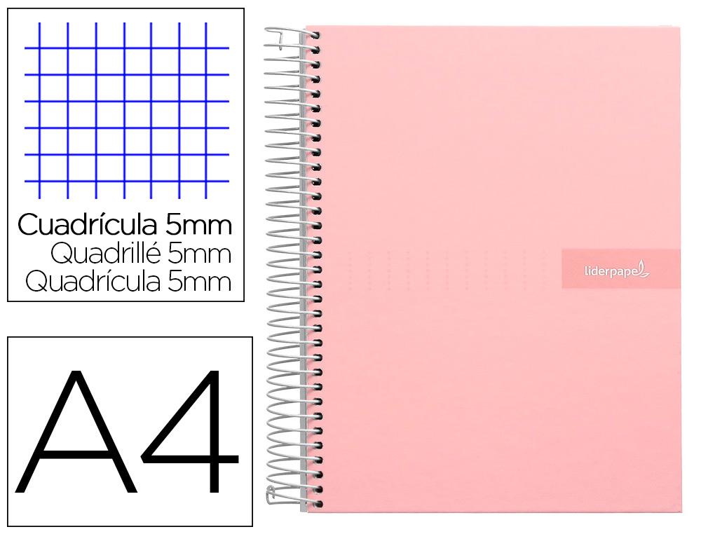 CUADERNO ESPIRAL LIDERPAPEL A4 MICRO CRAFTY TAPA FORRADA 120H 90 GR CUADRO 5 MM 5 BANDAS 4 COLORES COLOR ROSA
