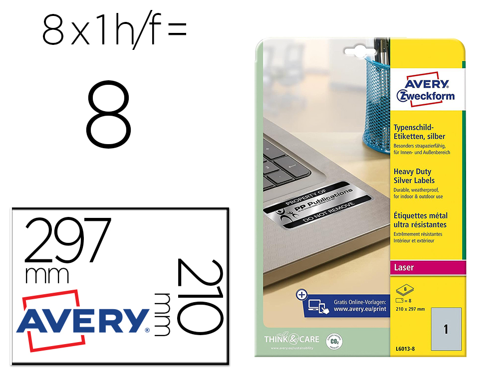 ETIQUETA ADHESIVA AVERY POLIESTER PLATA 210X297 MM LASER PACK DE 8 UNIDADES