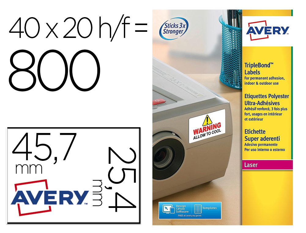 ETIQUETA ADHESIVA RESISTENTE AVERY POLIESTER SUPER ADHERENTE BLANCA 45,7X25,4 MM LASER PACK DE 800 UNIDADES
