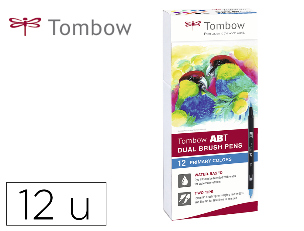 ROTULADOR TOMBOW ACUARELABLE DOBLE PUNTA PINCEL COLORES PRIMARIOS ESTUCHE DE 12 UNIDADES COLORES SURTIDOS